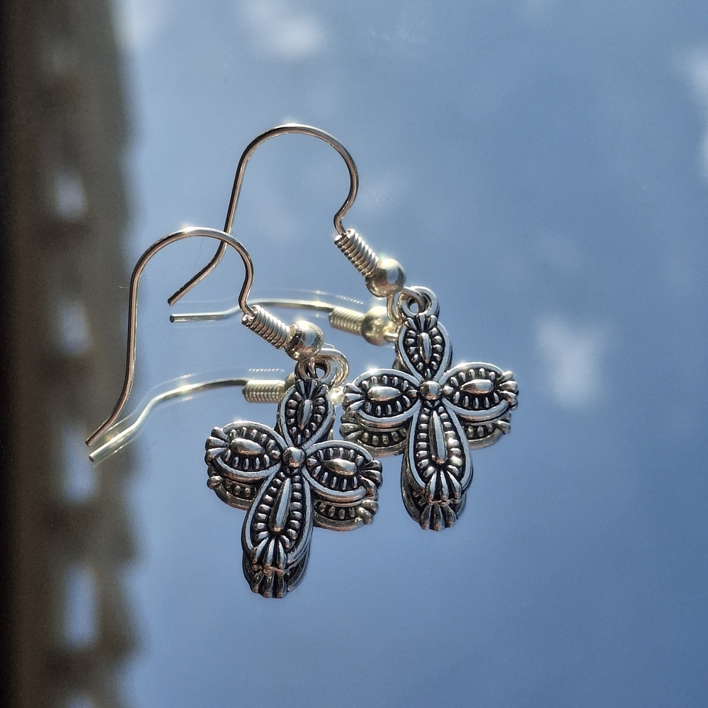 Ornate Floral Cross Drop Earrings - Silver Tone